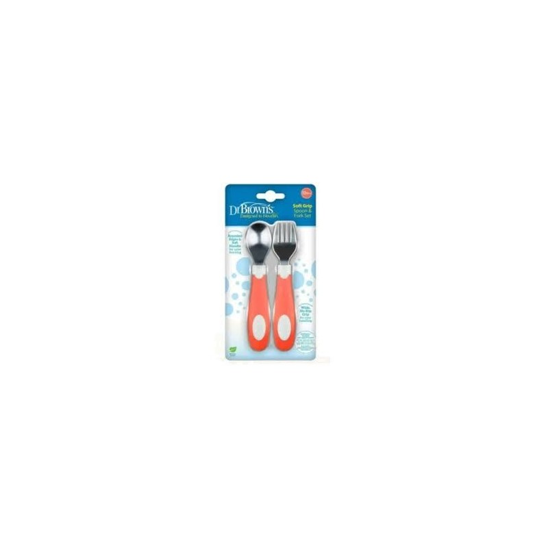 DR BROWNS soft grip spoon & fork set, coral