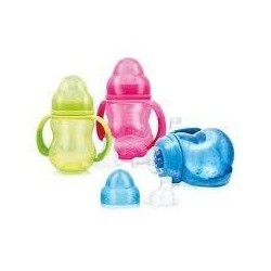 NUBY BIBERON DAPPRENTISSAGE COL LARGE ANTI-GOUTTE À ANCES EN PP AVEC TÉTINE ANTI-COLIQUE 240ML +0 MOIS BLUE