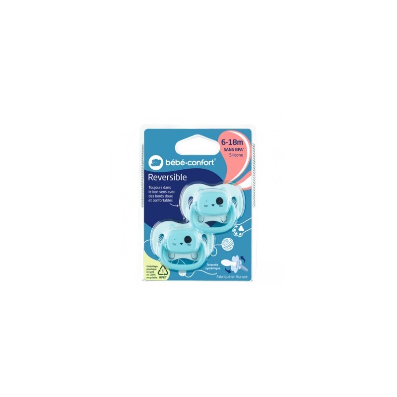 BEBE CONFORT 2 SUCETTES REVERSIBLE ANIMALS BLEU 6-18 SILICONE REF 3104202030
