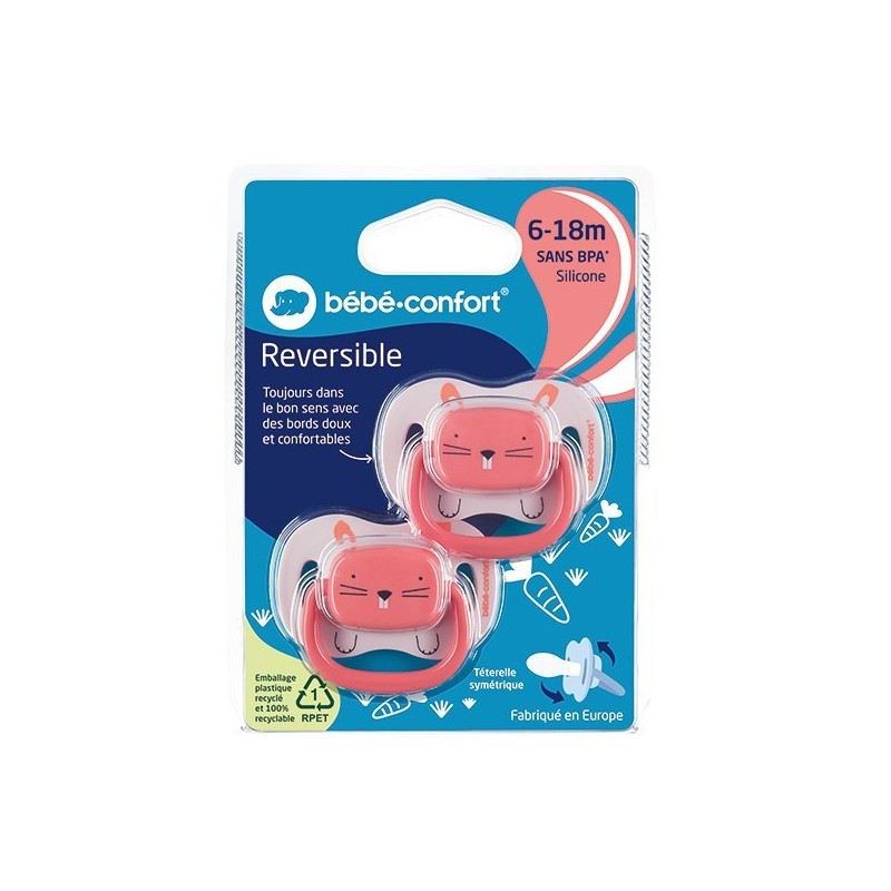 BEBE CONFORT 2 SUCETTES REVERSIBLE ANIMALS ROSE 6-18 SILICONE  REF 3104202050