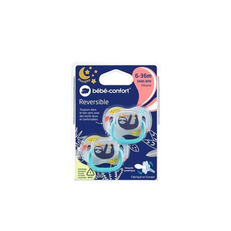 BEBE CONFORT 2 SUCETTES REVERSIBLE PHOSPHO 6-36 SILICONE LAZY  REF 3104202090