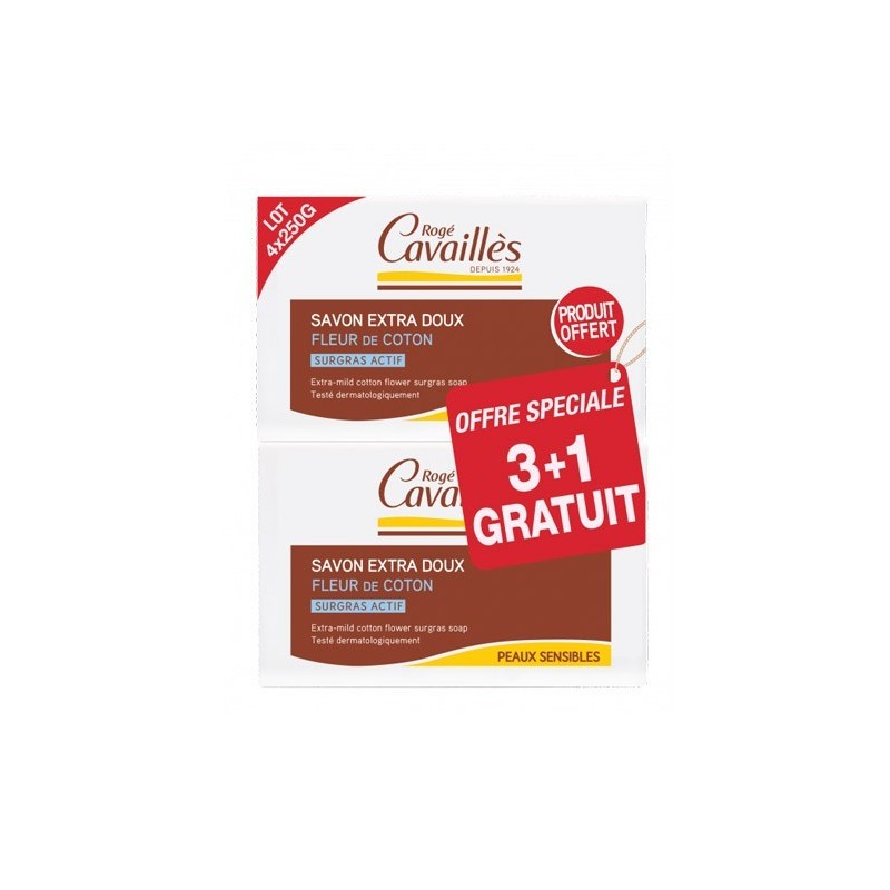 ROGE CAVAILLES SAVON SURGRAS FLEUR DE COTON 3X250GR + UN OFFERT
